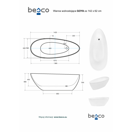 Cada freestanding Besco Goya XS alb, 142x62 cm
