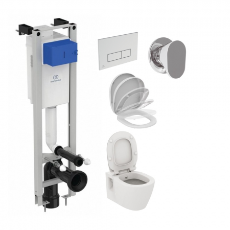 Set Ideal Standard Connect rezervor incastrat, Vas WC cu functie de bideu, clapeta crom, capac cu inchidere lenta, baterie