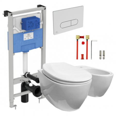 Set vas WC Enmon Milaba cu capac soft-close si set de fixare, rezervor incastrat Ideal Standard Prosys si clapeta Oleas M1 crom