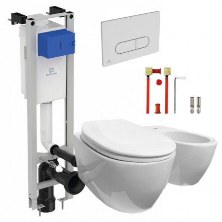 Set vas WC Enmon Milaba cu capac soft-close si set de fixare, rezervor incastrat Ideal Standard Eco si clapeta Oleas M1 crom