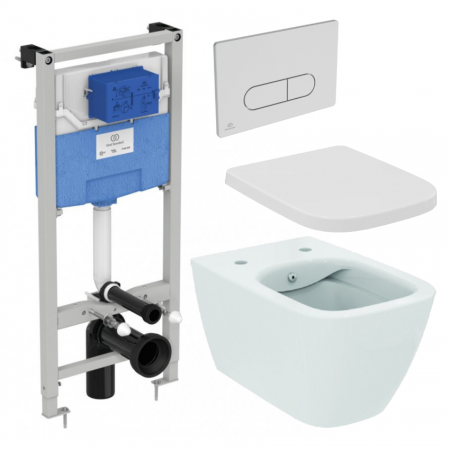 Set vas WC cu functie de bideu Ideal Standard I.Life B cu capac soft-close, rezervor incastrat Prosys si clapeta Oleas M1 crom
