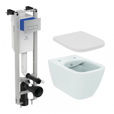 Set vas WC Ideal Standard I.Life B cu capac soft-close si rezervor incastrat Eco cu clapeta Oleas M2 crom